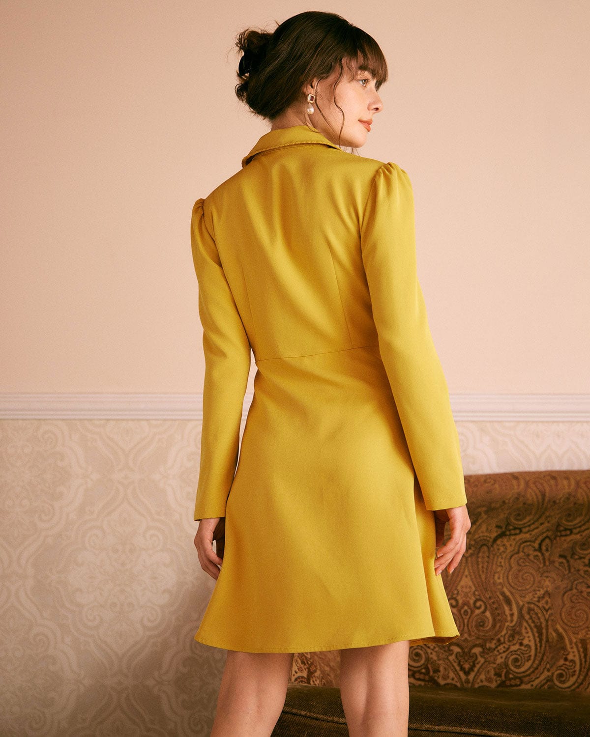 The Yellow Lapel Scalloped Button Mini Dress