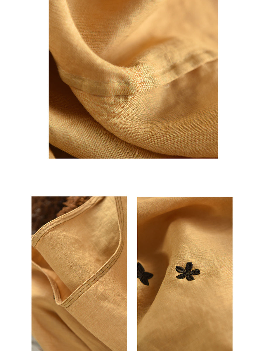 Women Spring O-Neck Flower Embroidery 100%Linen Shirt