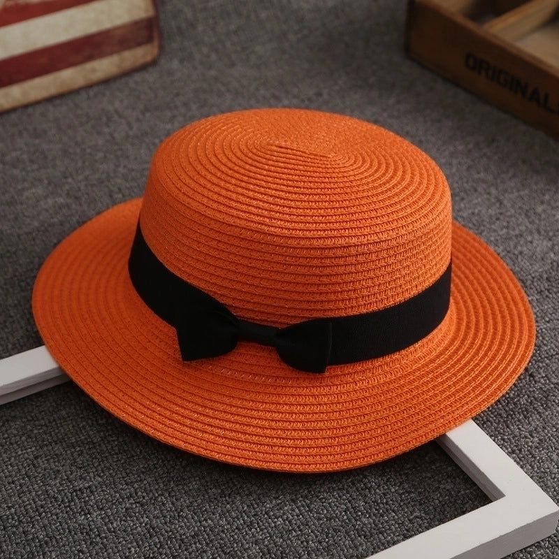 Straw Hat Female Summer British Retro Flat Top Beach Travel Hat