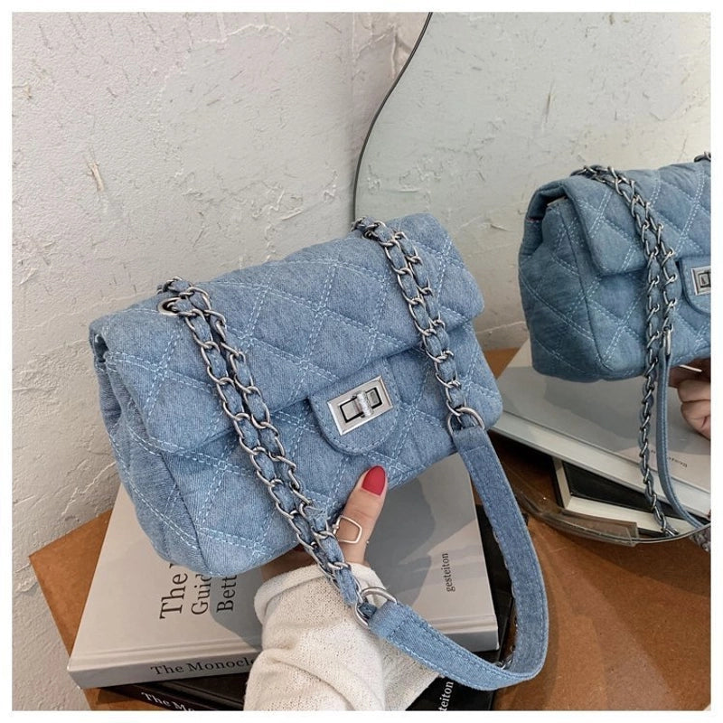 Women's Medium Denim Solid Color Lingge Basic Vintage Style Square Lock Clasp Crossbody Bag