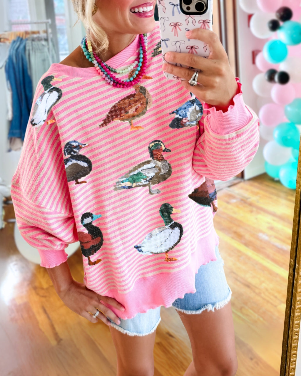 Cute Duck Sequin Stripe Sweatshirt