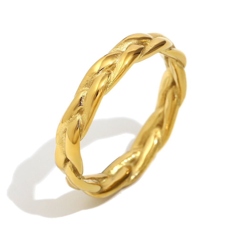 Fashionable Stainless Steel 18K Gold Plated Cross Zircon Five-Pointed Star Round Bead Braided Three-Layer Ring
