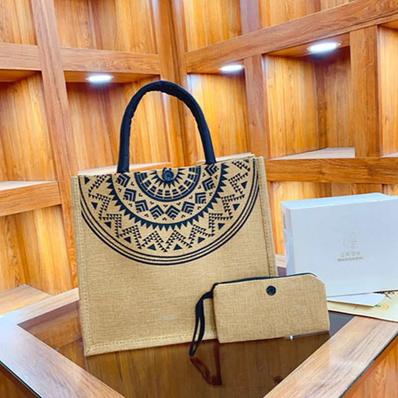 Women's Medium Linen Letter Classic Style Sewing Thread Square Lock Clasp Handbag
