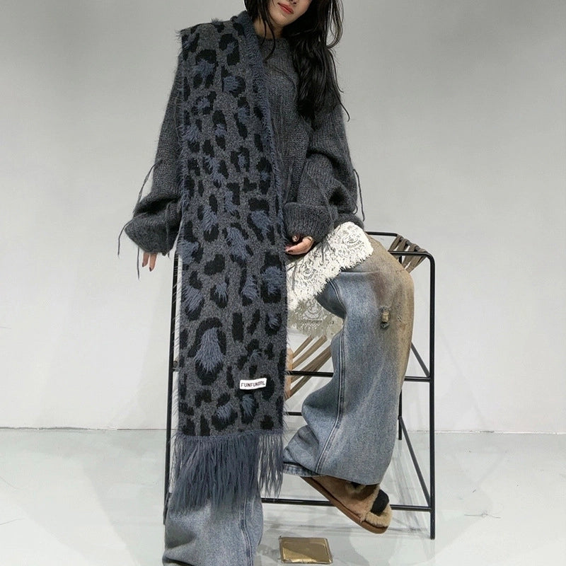 Women's Vintage Style Leopard Fleece Tassel Scarf