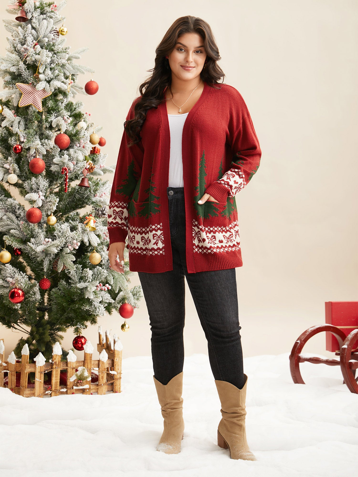 Festive Trees Pattern Open Cardigan