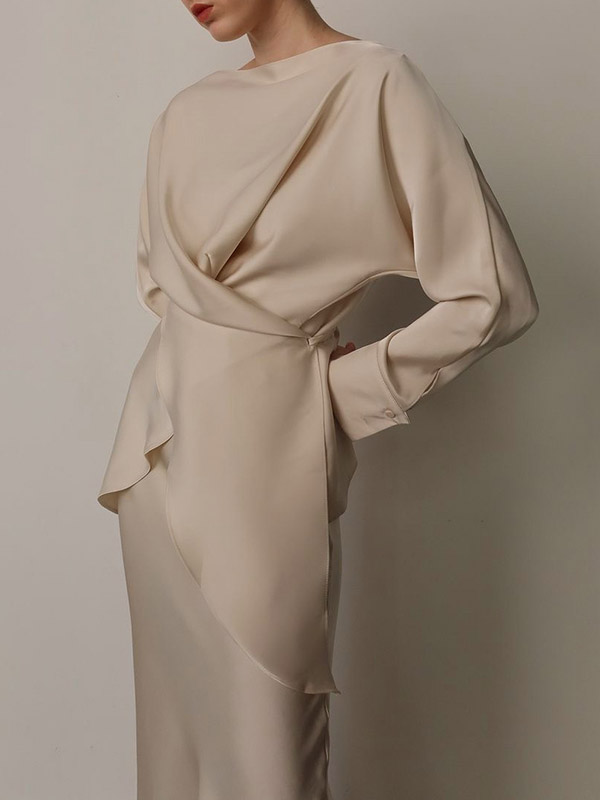 Loose Solid Color Split-Joint Boat Neck Long Sleeves Blouse & Shirt + Skirt Two Pieces Set