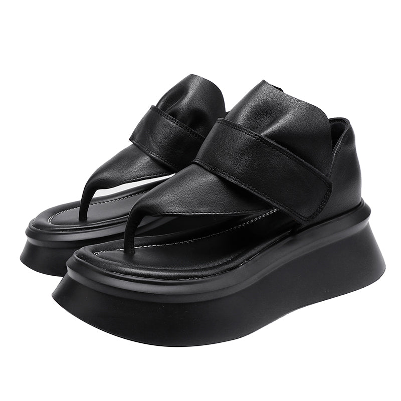 Cow Leather Platform Flip-Flop Sandals with Velcro Strap 55mm Thick Sole in Black