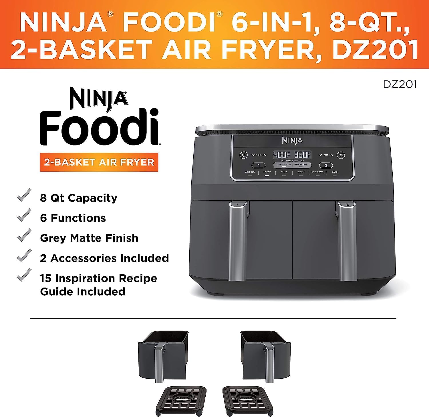 Ninja Foodi DZ201. 6 en 1 Freidora de aire de 2 cestas con tecnología DualZone. capacidad de 8 cuartos acabado inoxidable gris oscuro. (Reacondicionado)