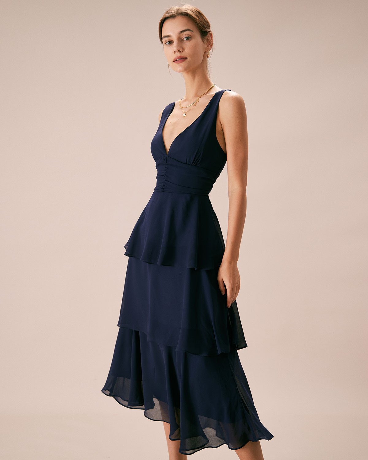 The Navy V Neck Ruffle Layered Midi Dress