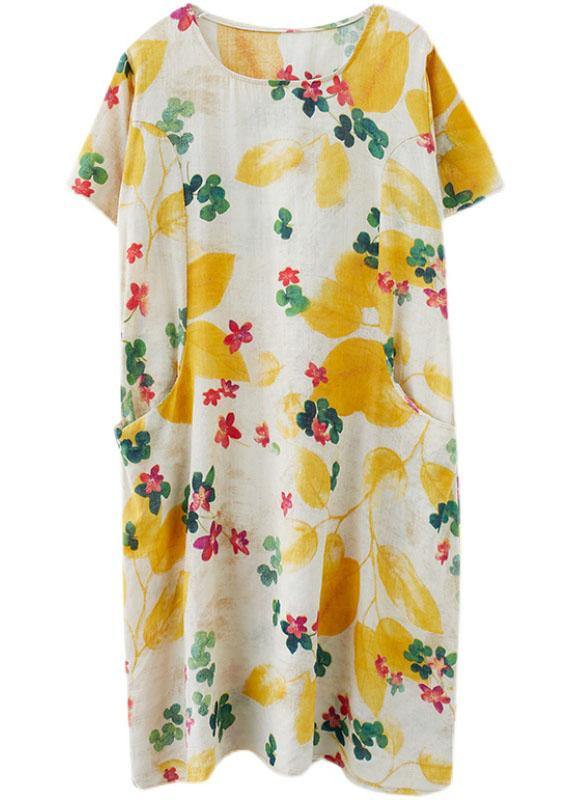 Simple Yellow O Neck Print Dress Cotton Linen Summer