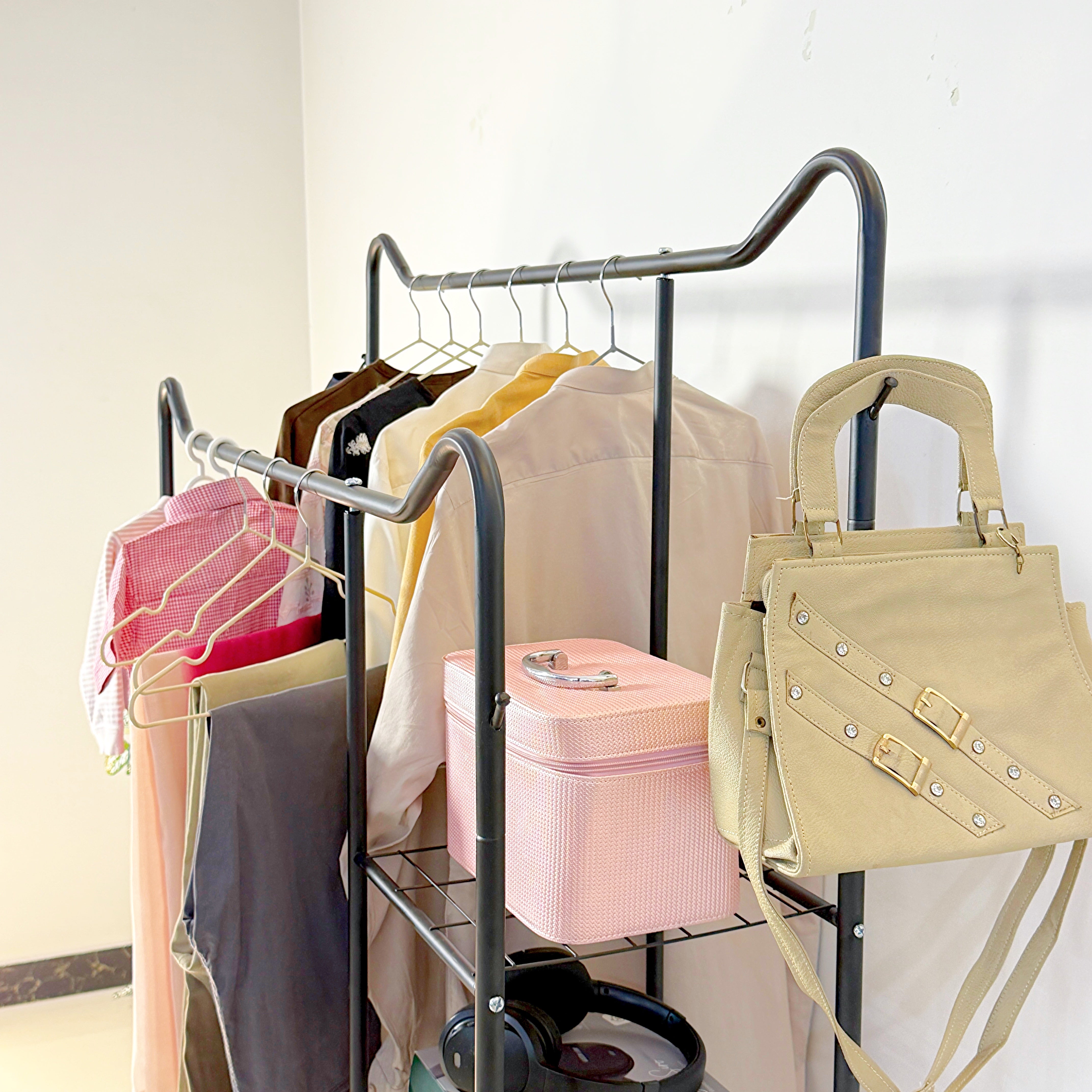 Space-Saving Metal Clothes Stand by Matrix (D) – With Side Storage Shelves & Hooks