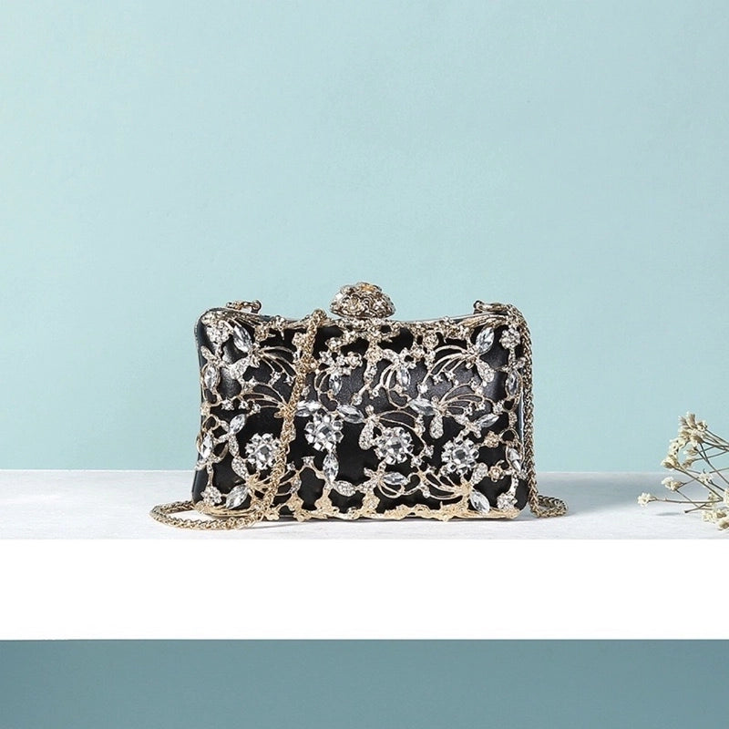 Black Gold Champagne Polyester Flower Rhinestone Pillow Shape Clutch Evening Bag