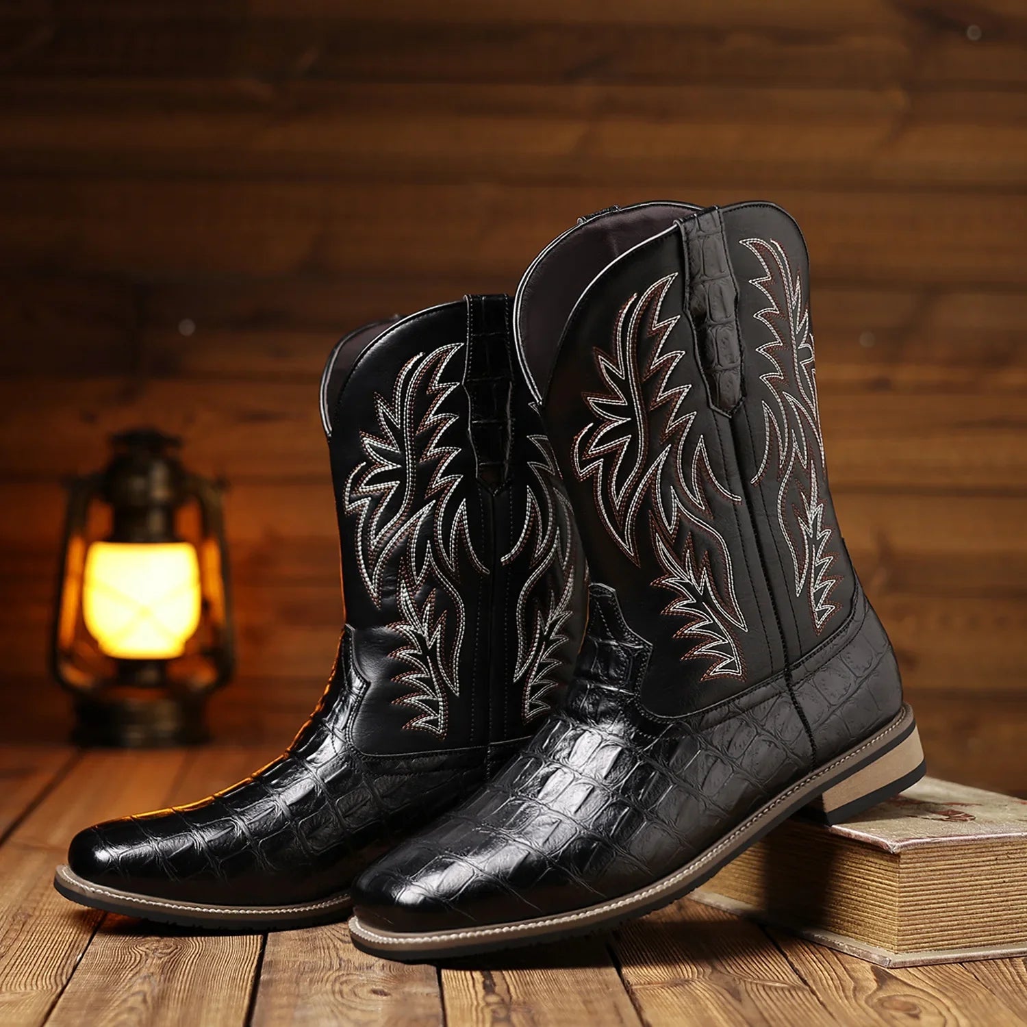 Mens Western Cowboy Boots Square Toe Embroidered Mid-Calf Crocodile