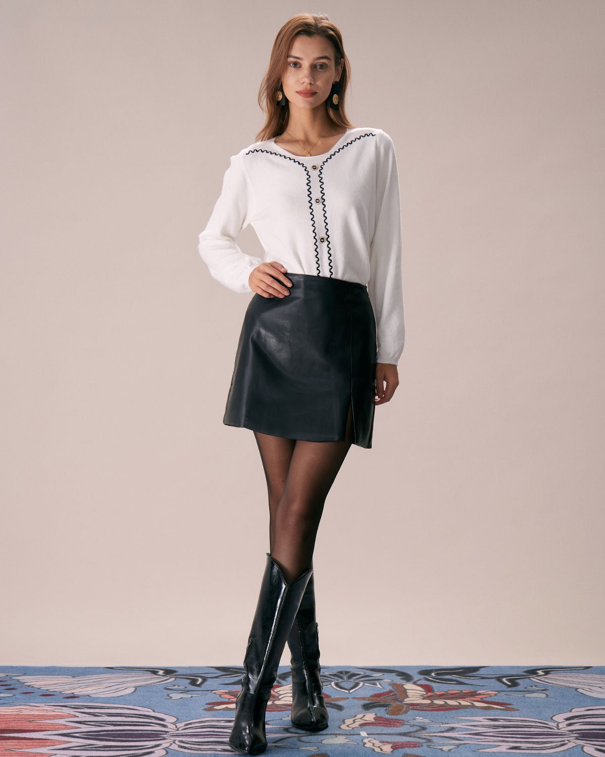 The Apricot Crew Neck Embroidery Knit Top