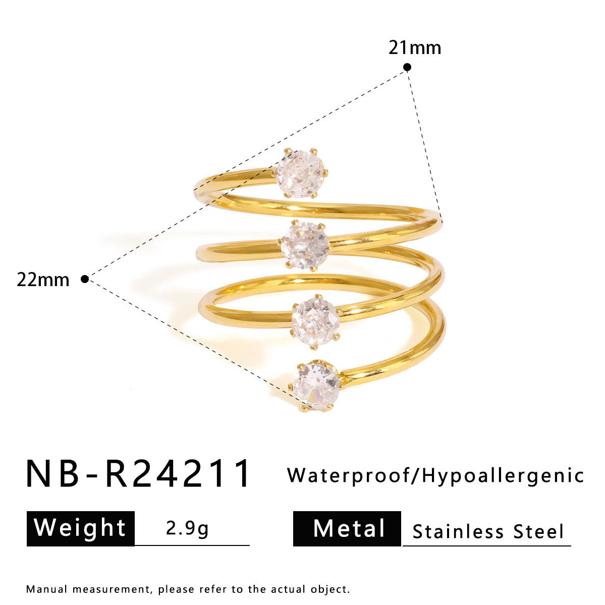 Retro Design Shiny Zircon Ring Stainless Steel Ring Open Personality Niche Jewelry
