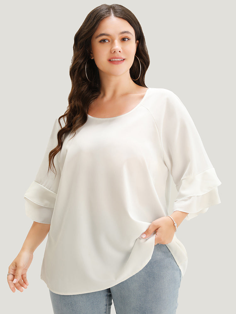 Plain Ruffle Tiered Round Neck Blouse