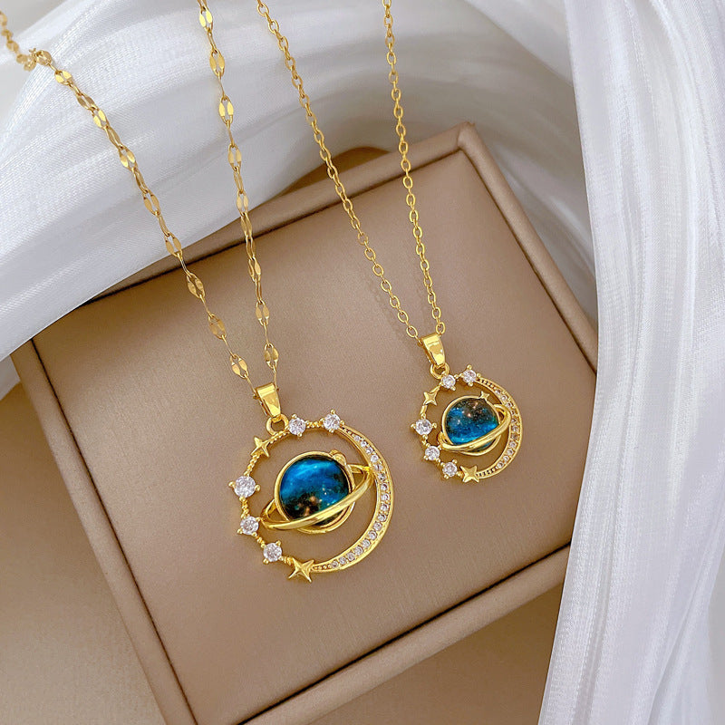 Starry Sky Stars Moon Full Diamond Gorgeous Full Diamond Necklace Female Versatile Clavicle Chain Titanium Steel