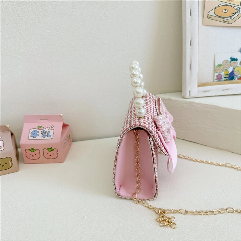 Girl's Pu Leather Houndstooth Bow Knot Cute Pearls Sewing Thread Square Magnetic Buckle Handbag