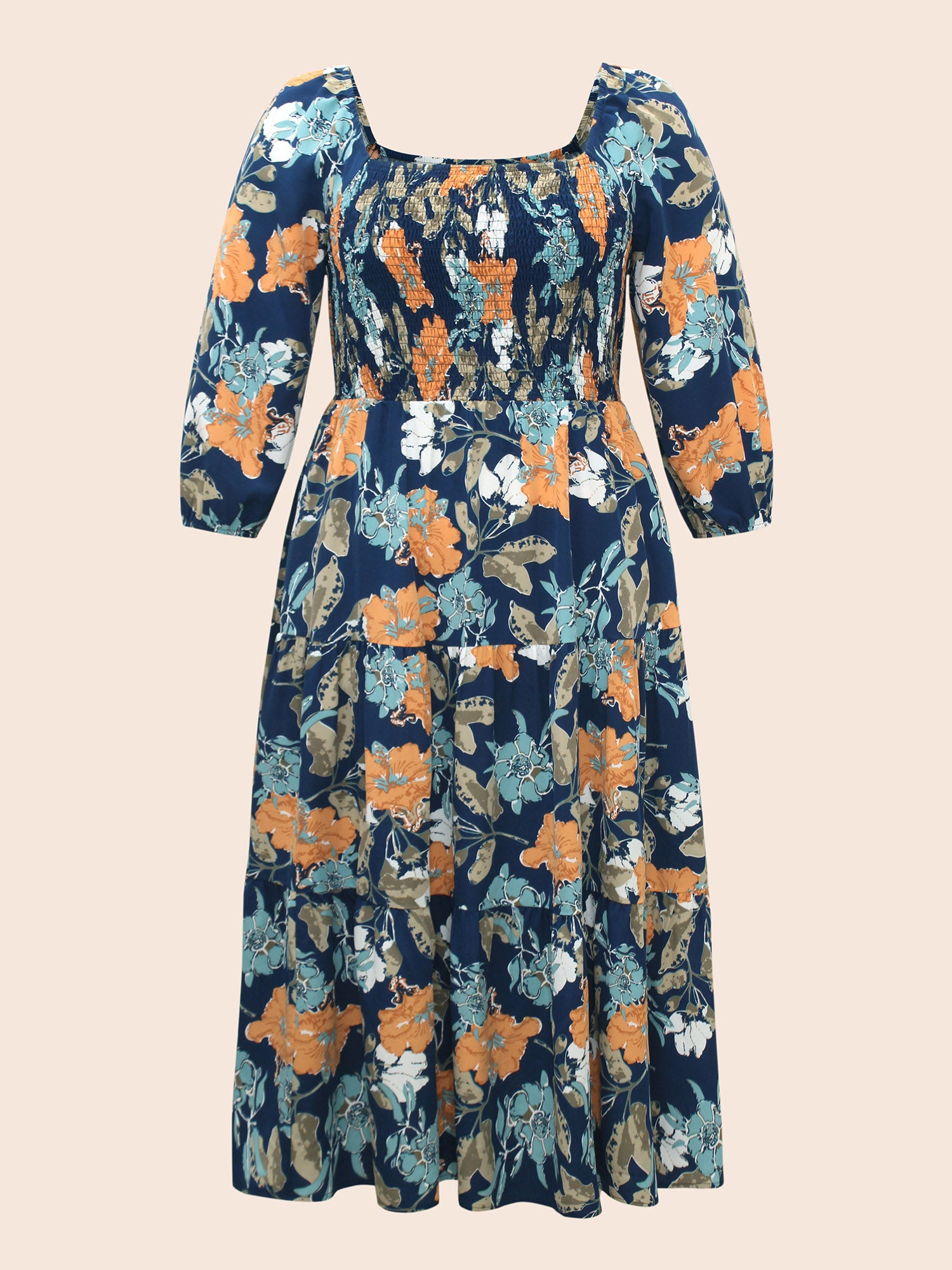 Square Neck Floral Shirred Midi Dress