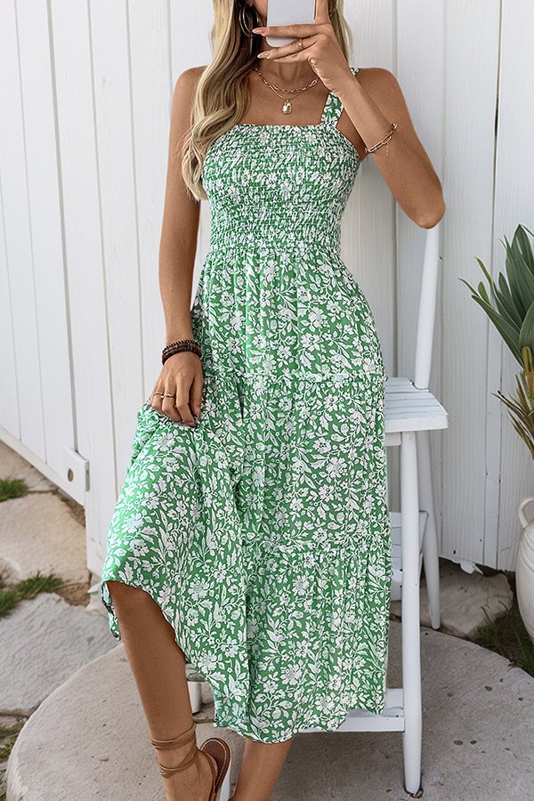 Fashion Smocked Floral Print High Waist Casual Dress
