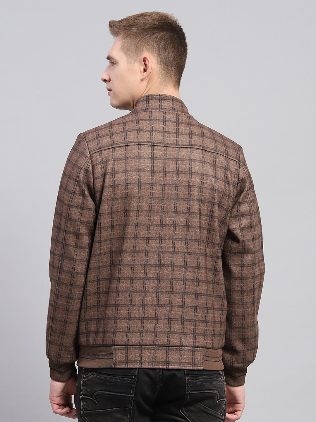 Men Brown Check Mock Neck Full Sleeve Jacket