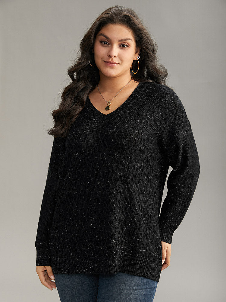 Plain Sparkly V Neck Loose Pullover