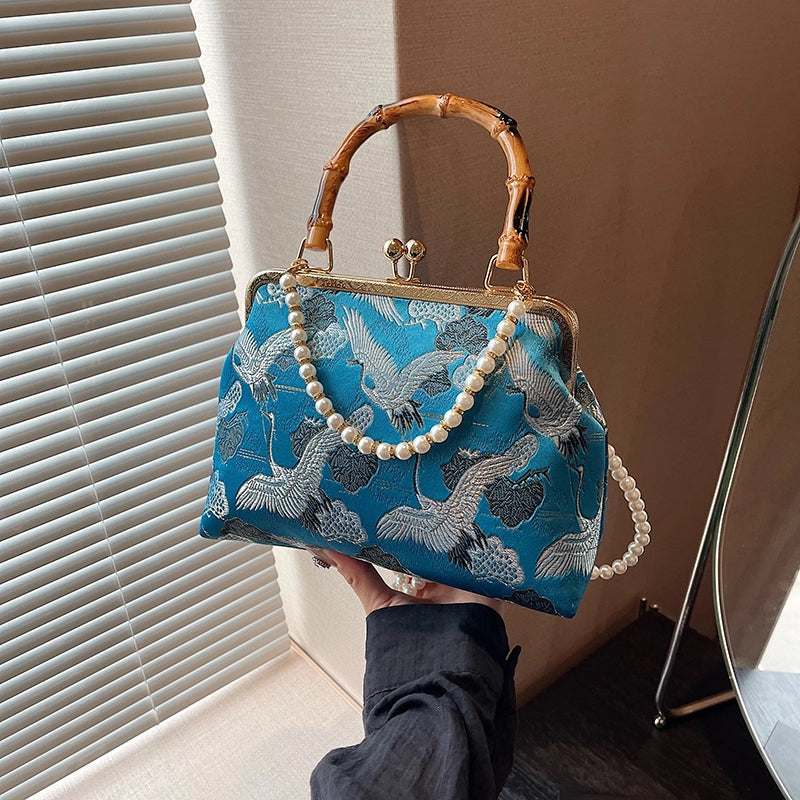 Women's Crane Streetwear Pearls Shell Lock Clasp Shoulder Bag Handbag Crossbody Bag
