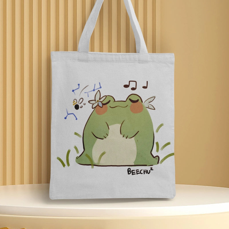 Women's Canvas Cartoon Frog Basic Classic Style Square Open Canvas Bag
