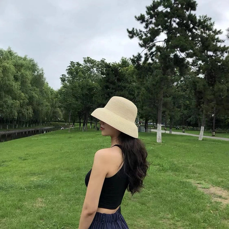Elegant  Hepburn Style Hat Black Small Brim Straw Hat Women's Summer Beach Sunshade Hat Sunscreen Sun Hat