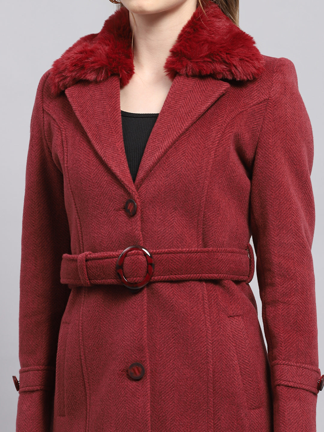 Women Maroon Self Design Collar Full Sleeve Coat