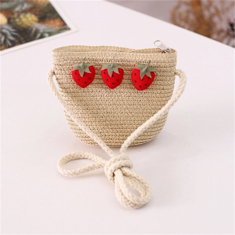Girl's Straw Flower Strawberry Bow Knot Cute Bucket Zipper Crossbody Bag