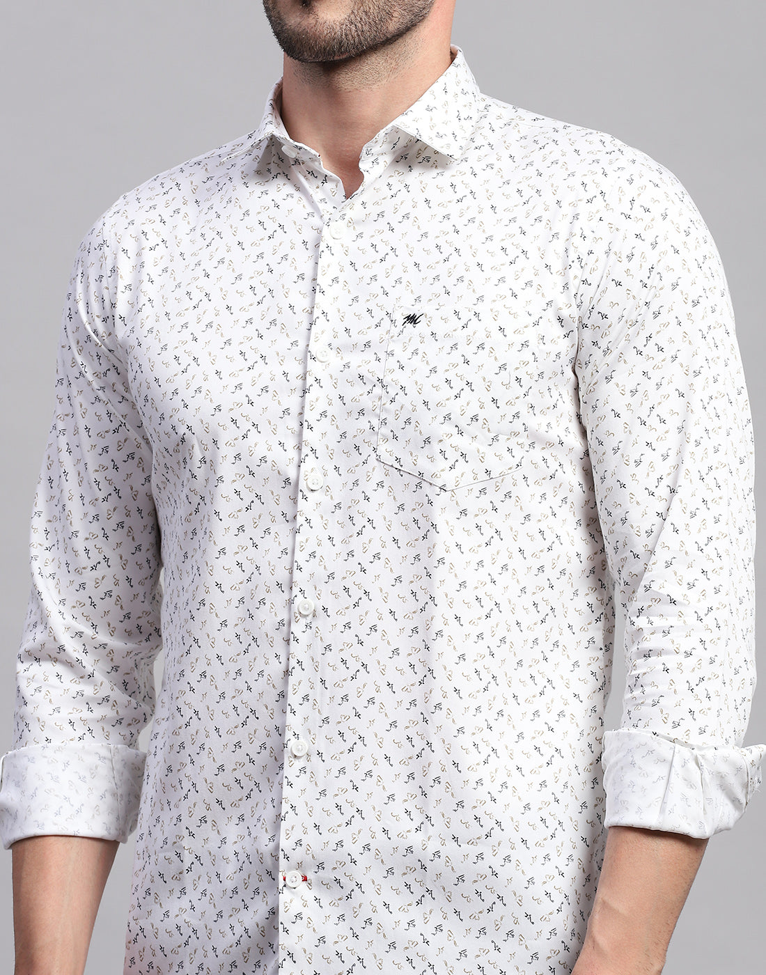 Men White Printed Collar Neck Full Sleeve Shirt