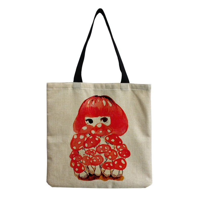 Women's Cotton And Linen Mushroom Cute Square Open Tote Bag