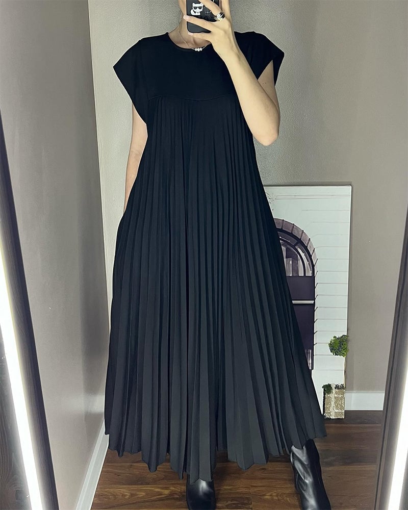 Women Pleated Simple Solid Color Dress