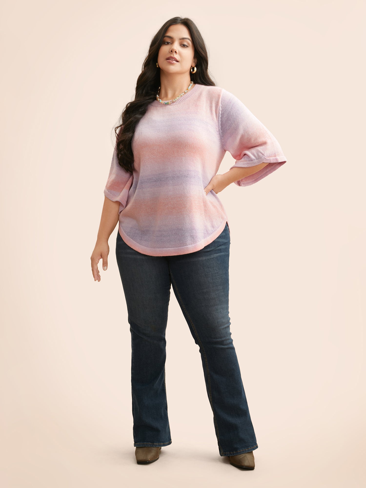 Ombre Round Neck Curved Hem Pullover