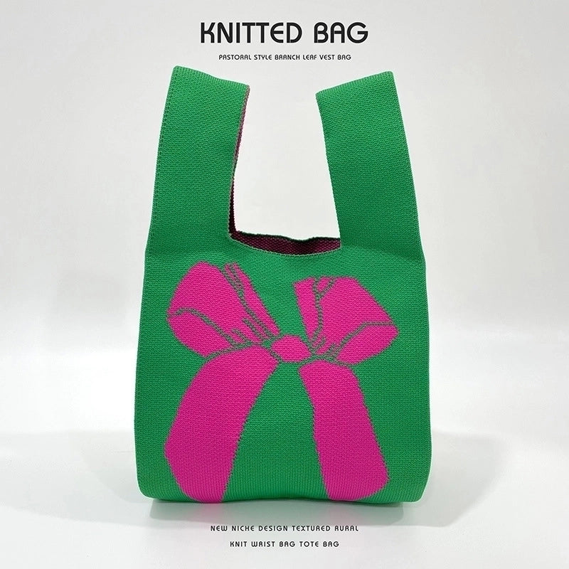 Women's Medium Knit Bow Knot Vintage Style Open Straw Bag