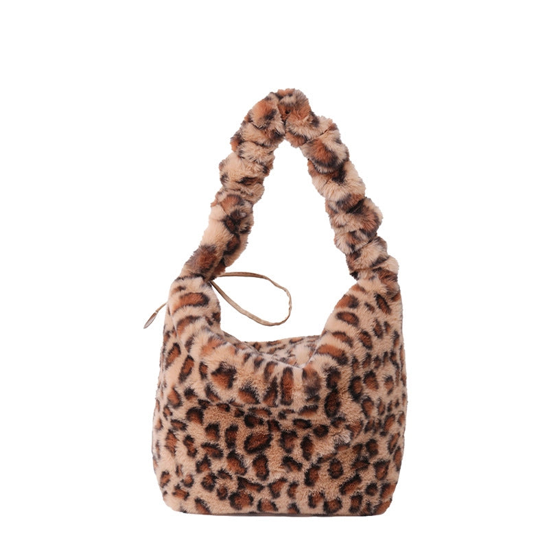 Women's Plush Leopard Vintage Style Classic Style Bucket Zipper Bucket Bag