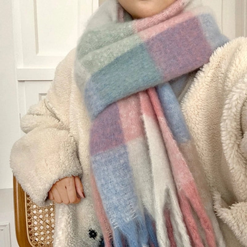 Macaron Color AC New Color Matching Mohair Extra-large Thickened Scarf Women's Plaid Winter Large Shawl Scarf