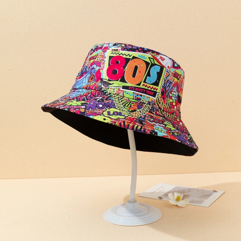 Unisex Casual Retro Artistic Letter Color Block Printing Curved Eaves Bucket Hat