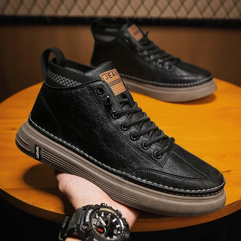 flats Trend Men's Casual Leather Shoes   for Men High-top Black Casual Male Sneakers Platform Ankle Boots Tênis Masculino 2025