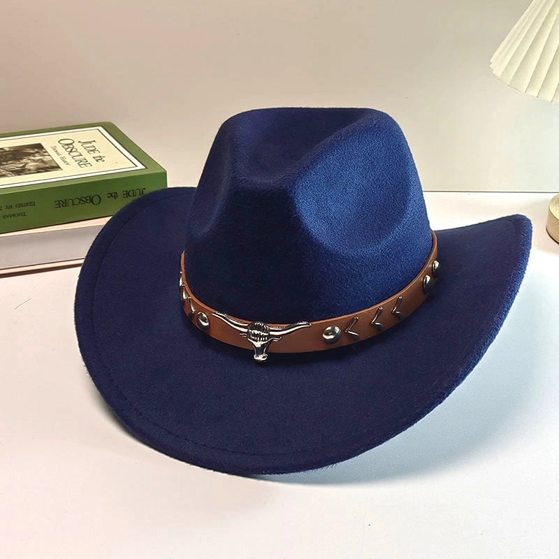 Autumn And Winter Woolen Denim Jazz Felt Hat For Men And Women Cow Head Mark Curled Top Hat Tibetan Sunshade Sunscreen Hat