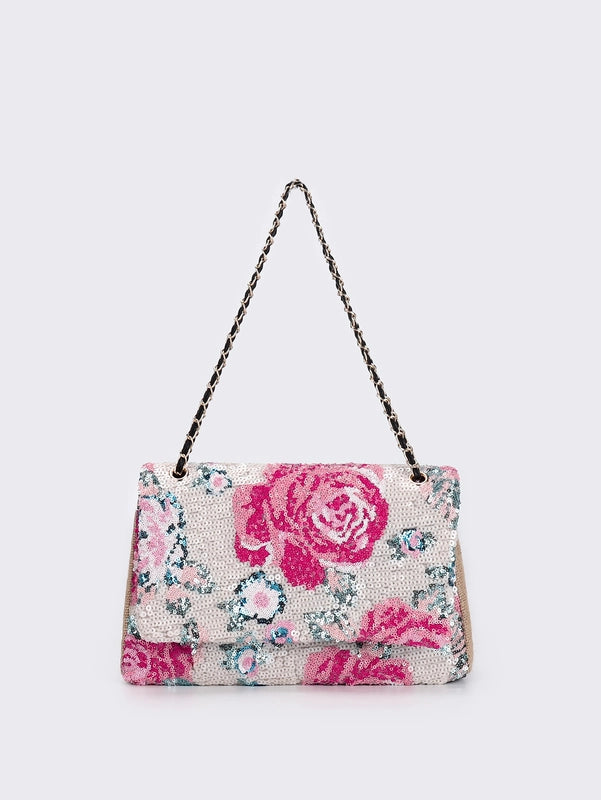 10 Pieces Women's Large Hemp Material Flower Elegant Sequins Square Flip Cover Crossbody Bag