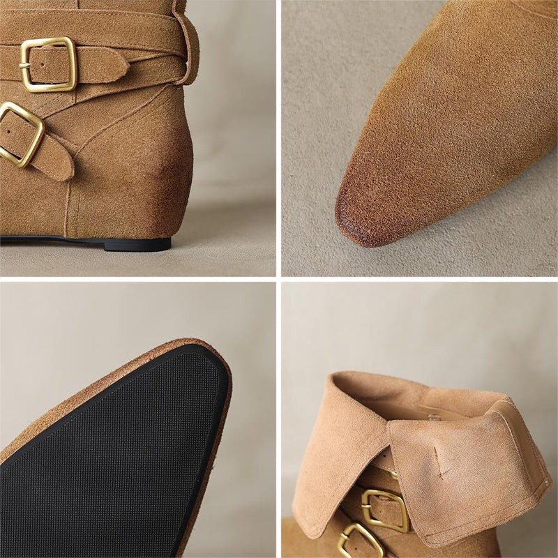 Womens Suede?Leather Mid Calf Boots 45mm Block Heel with Buckles In Khaki/Brown