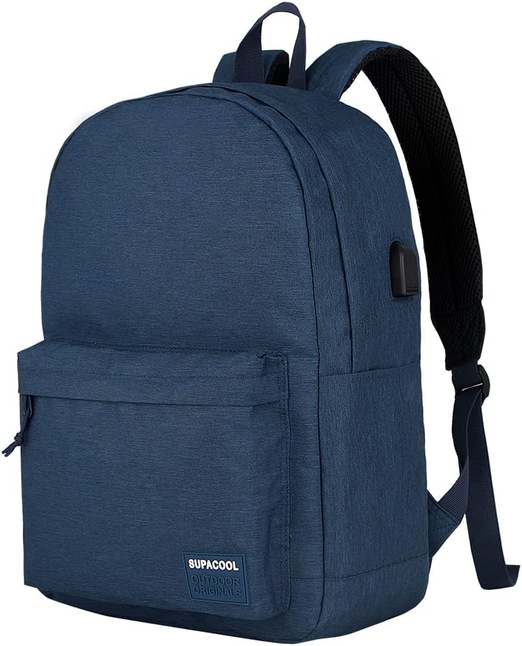 SUPACOOL Casual Laptop Backpack for Men and Women, School Backpack for Boys and Girls, College Bookbag, USB Charging Port, Lightweight Back Pack(Black)