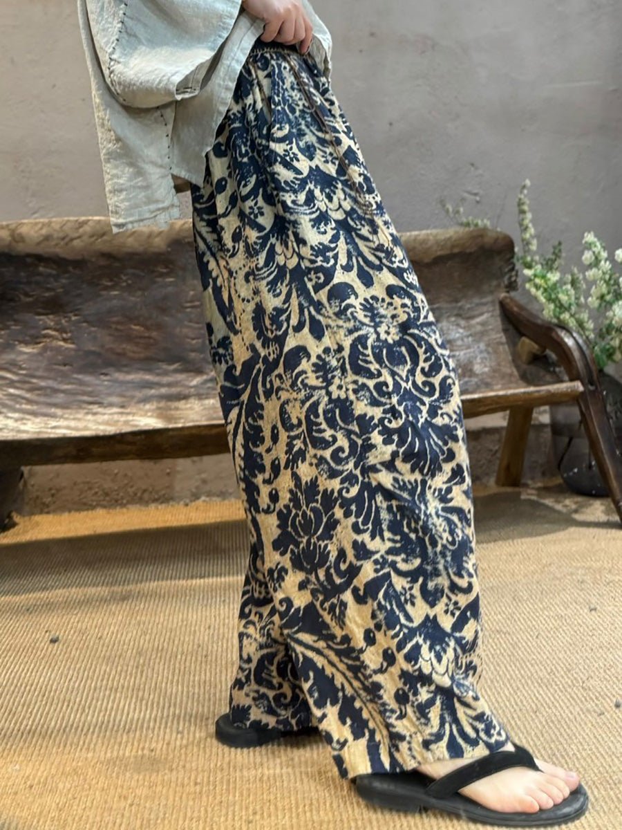 Plus Size Women Summer Retro Flower Linen Wide-leg Pants