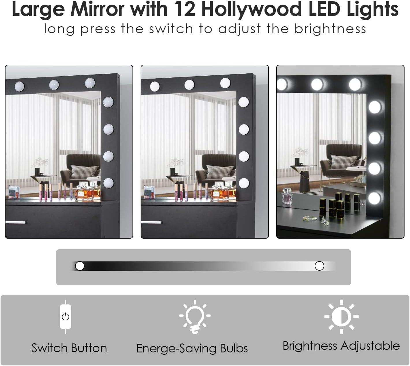 Vanity Table Set with Lighted Mirror - Makeup Vanity with Charging Station