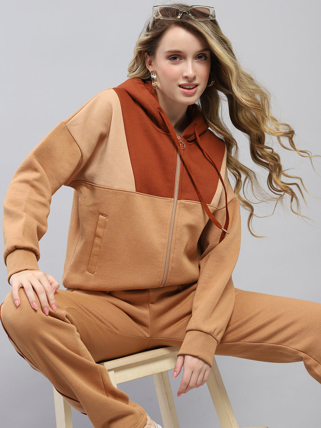 Women Rust Solid Hooded Full Sleeve Tracksuit