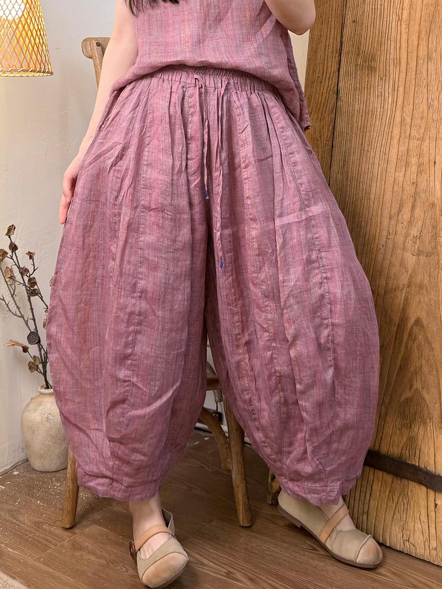 Women Summer Retro Stripe Ramie Loose Bloomers
