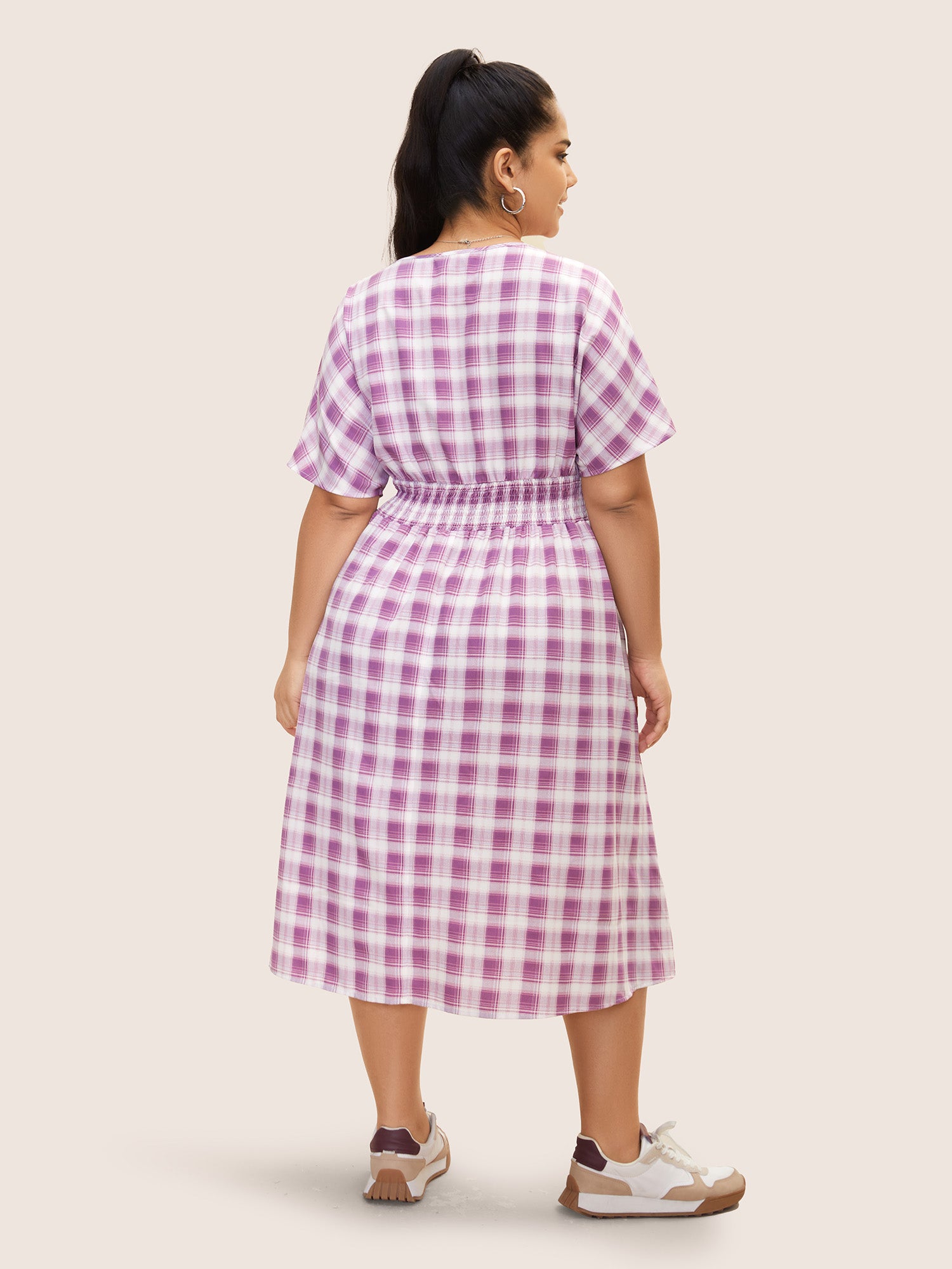 Gingham Shirred Button Up Dolman Sleeve Dress