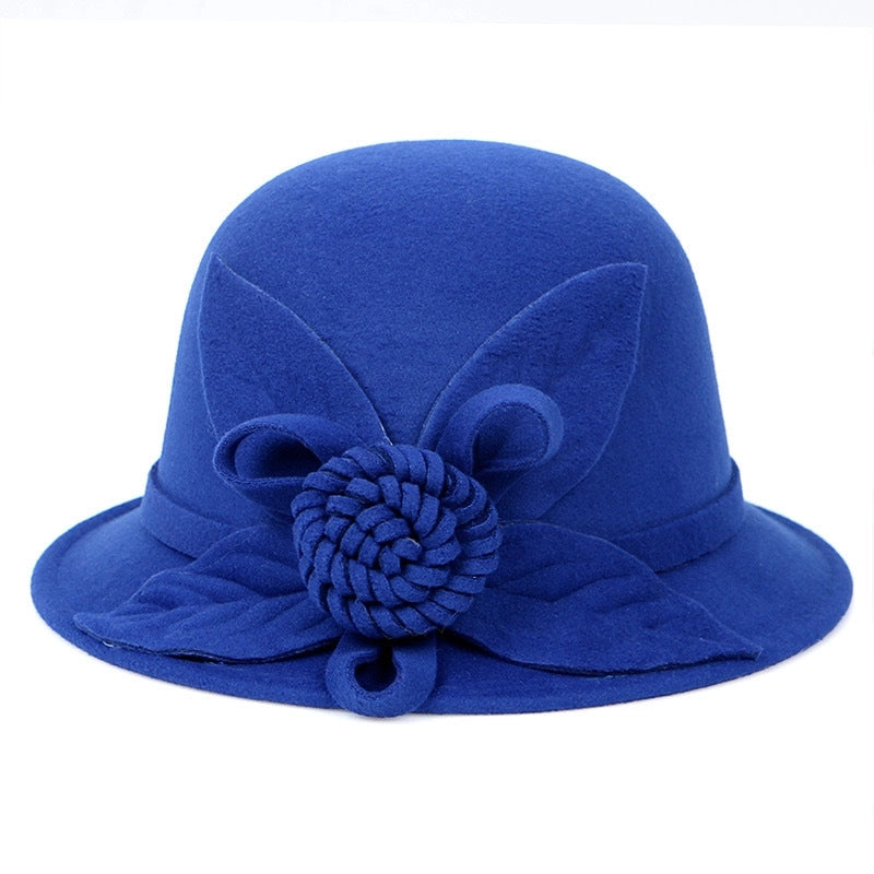 Autumn And Winter Woolen Top Hat Women's Dome Top Hat Solid Color Woolen Hat  Fashion Flower Lady Temperament Basin Hat